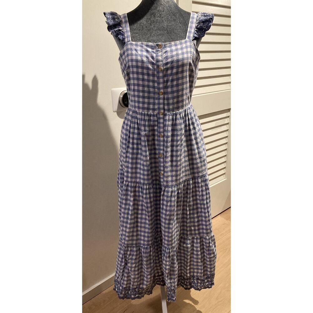 Cottage Core Blue and White Gingham Tiered Maxi Dress With Lace Trim Size 6